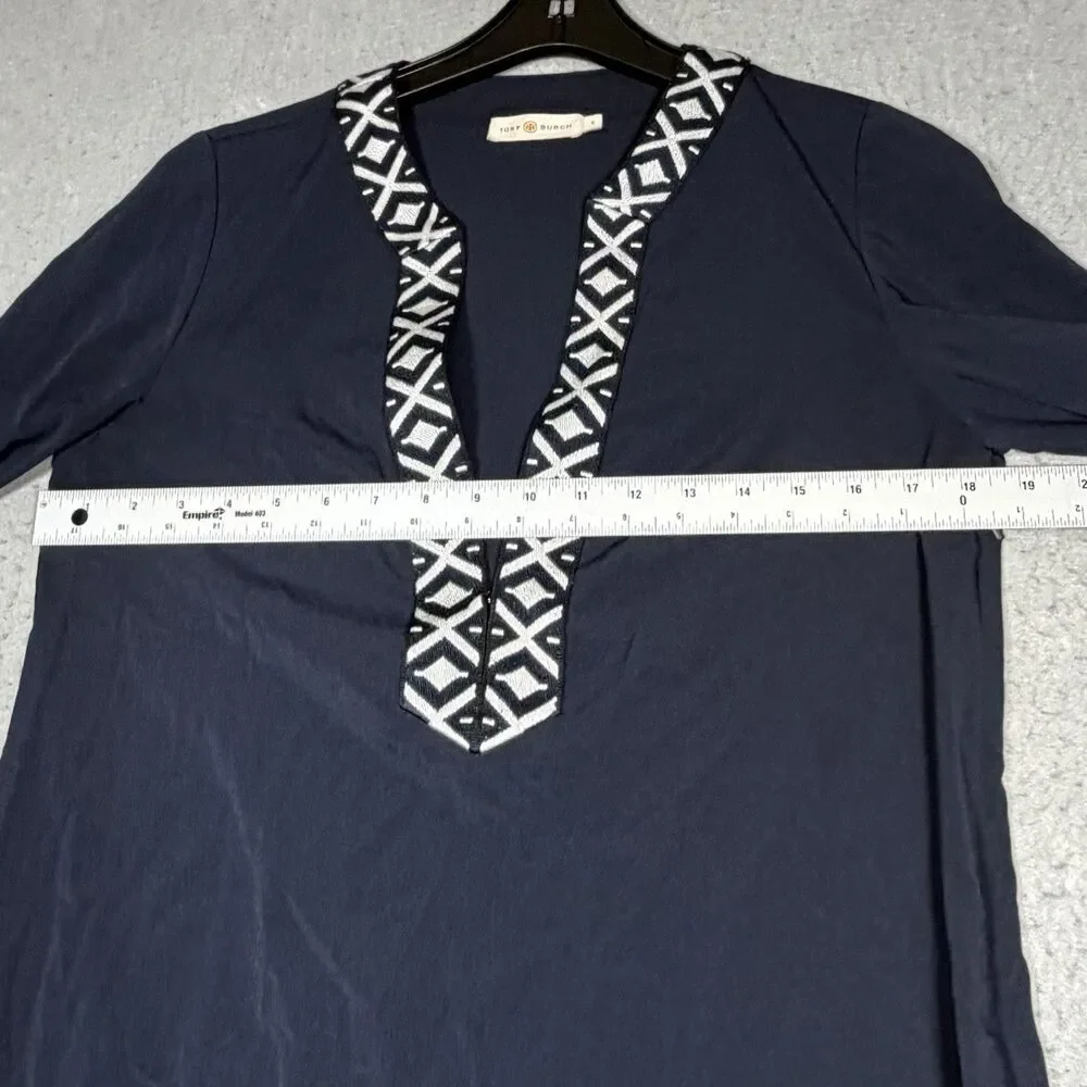 Tory Burch Tunic Top Women’s 6 Navy Blue Ariana Embroidered Knit Trim V Neck - Picture 5 of 13